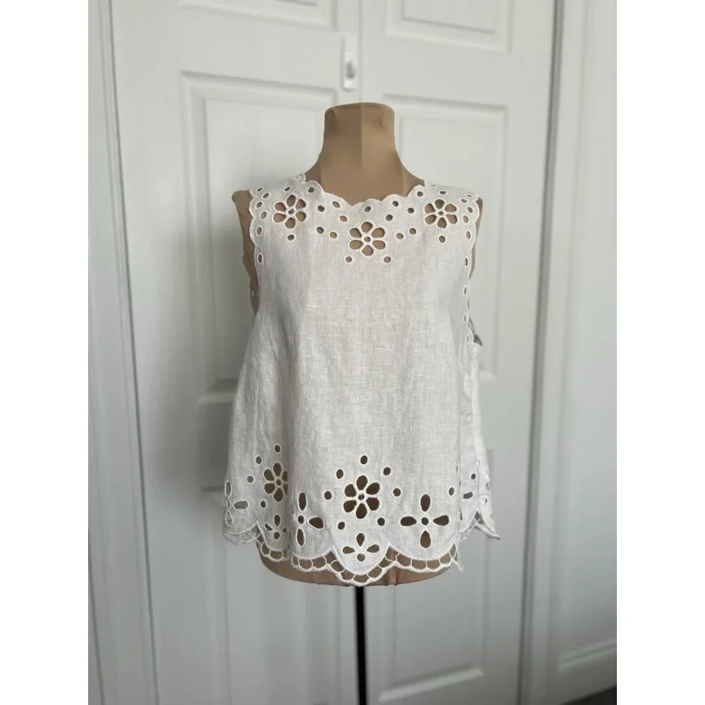Madewell $118 Women's Embroidered Eyelet High-Low Tank White Salt Linen XS NV191 - Picture 8 of 15